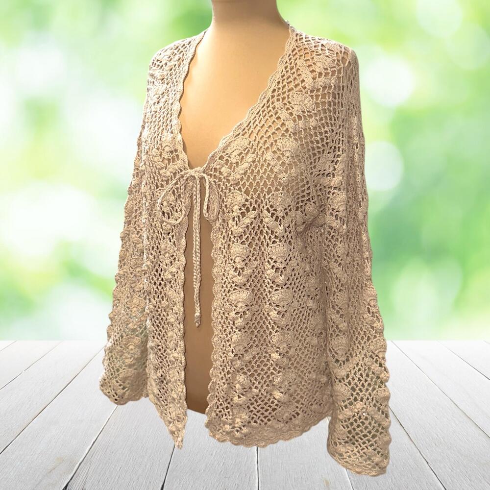 Vintage Y2K TIARA Crochet Cardigan Sweater Tie Front Sheer Boho Beige Womens S